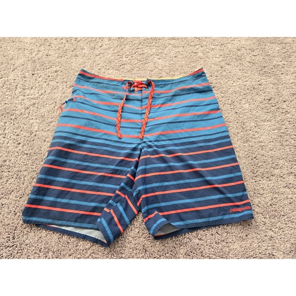 Patagonia Board Shorts Mens‎ 34 Blue Striped Swim Beach Coast Trunk Outdoors - Picture 1 of 10